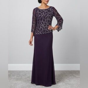 JKara Beaded Chiffon Long Sleeve A-Line Evening Gown Purple Size 6 Formal Dress